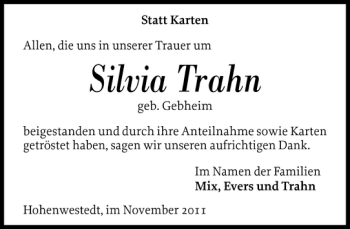 Traueranzeige von Silvia Trahn von Landeszeitung