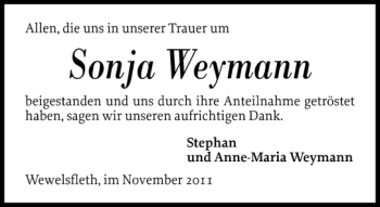 Traueranzeige von Sonja Weymann von Norddeutsche Rundschau