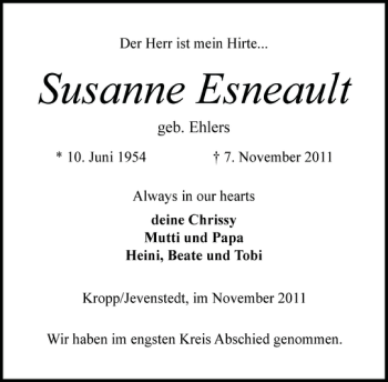 Traueranzeige von Susanne Esneault von Landeszeitung