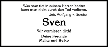 Traueranzeige von Sven  von Flensburger Tageblatt