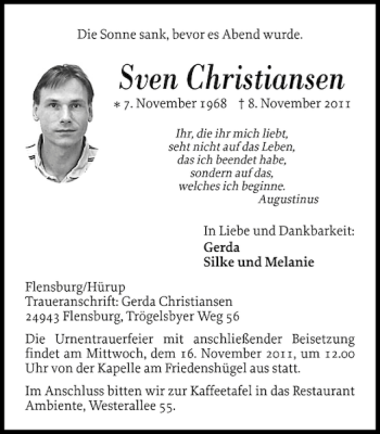Traueranzeige von Sven Christiansen von Flensburger Tageblatt