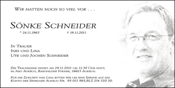 Traueranzeige von Söhnke Schneider von Landeszeitung
