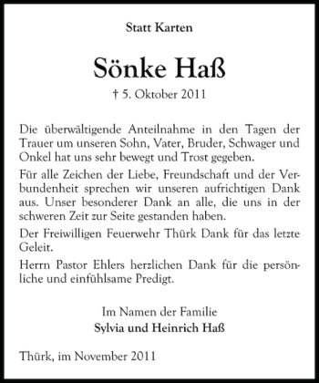Traueranzeige von Sönke Haß von Ostholsteiner Anzeiger