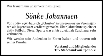 Traueranzeige von Sönke Johannsen von Nordfriesland Tageblatt