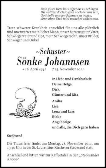 Traueranzeige von Sönke Johannsen von Husumer Nachrichten