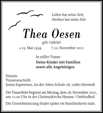 Traueranzeige von Thea Oesen von Husumer Nachrichten