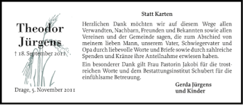 Traueranzeige von Theodor Jürgens von Husumer Nachrichten