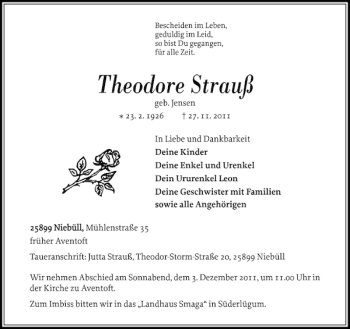 Traueranzeige von Theodore Strauß von Nordfriesland Tageblatt