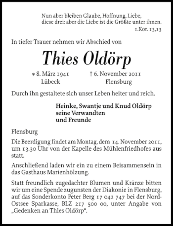 Traueranzeige von Thies Oldörp von Flensburger Tageblatt