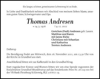 Traueranzeige von Thomas Andresen von Flensburger Tageblatt