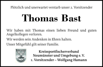 Traueranzeige von Thomas Bast von Holsteinischer Courier