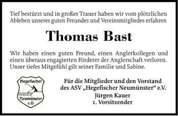 Traueranzeige von Thomas Bast von Holsteinischer Courier