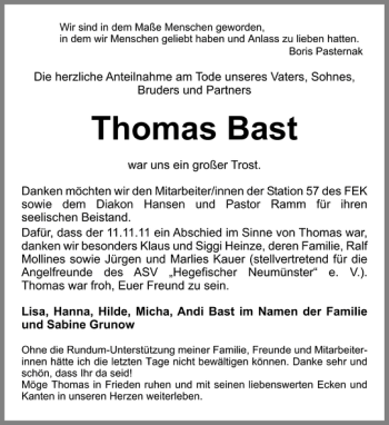 Traueranzeige von Thomas Bast von Holsteinischer Courier