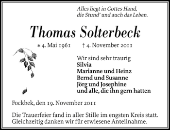 Traueranzeige von Thomas Solterbeck von Landeszeitung