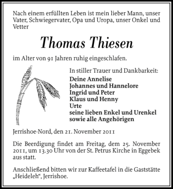 Traueranzeige von Thomas Thiesen von Flensburger Tageblatt