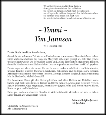 Traueranzeige von Timmi Tim Jannsen von Nordfriesland Tageblatt