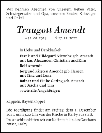 Traueranzeige von Traugott Amendt von Schlei-Bote