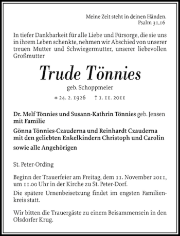Traueranzeige von Trude Tönnies von Husumer Nachrichten