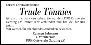 Traueranzeige von Trude Tönnies von Husumer Nachrichten