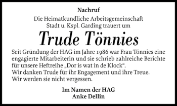 Traueranzeige von Trude Tönnies von Husumer Nachrichten
