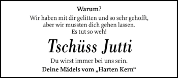 Traueranzeige von Tschüss Jutti von Husumer Nachrichten