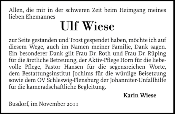 Traueranzeige von Ulf Wiese von Schleswiger Nachrichten