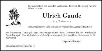 Traueranzeige von Ulrich Gaude von Elmshorner Nachrichten