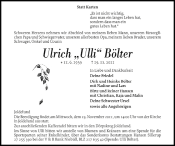 Traueranzeige von Ulrich Ulli Bölter von Husumer Nachrichten