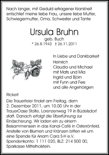Traueranzeige von Ursula Bruhn von Landeszeitung