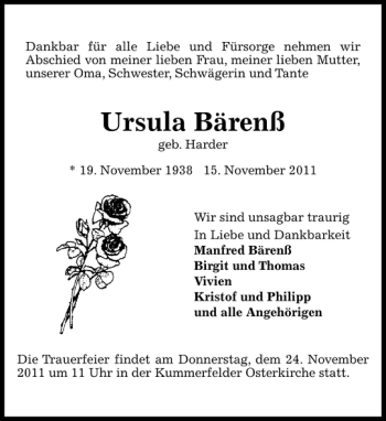 Traueranzeige von Ursula Bärenß von Pinneberger Tageblatt