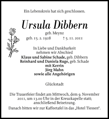 Traueranzeige von Ursula Dibbern von Norddeutsche Rundschau