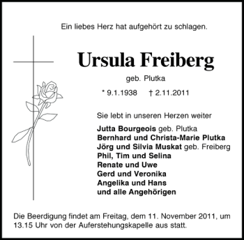 Traueranzeige von Ursula Freiberg von Holsteinischer Courier