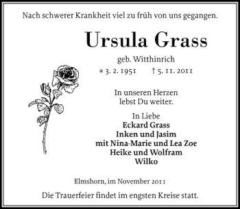 Traueranzeige von Ursula Grass von Elmshorner Nachrichten