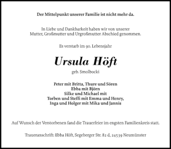 Traueranzeige von Ursula Höft von Holsteinischer Courier