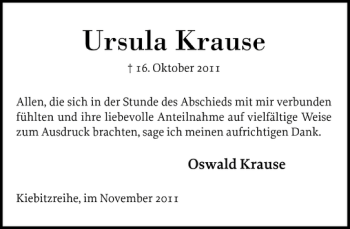 Traueranzeige von Ursula Krause von Elmshorner Nachrichten