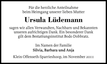 Traueranzeige von Ursula Lüdemann von Elmshorner Nachrichten