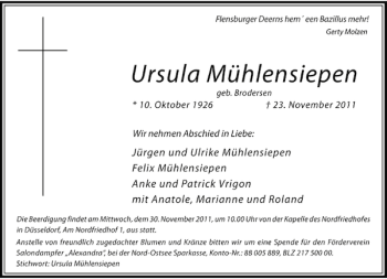 Traueranzeige von Ursula Mühlensiepen von Flensburger Tageblatt