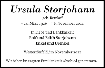 Traueranzeige von Ursula Storjohann von Landeszeitung