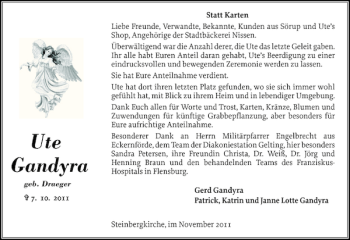 Traueranzeige von Ute Gandyra von Flensburger Tageblatt