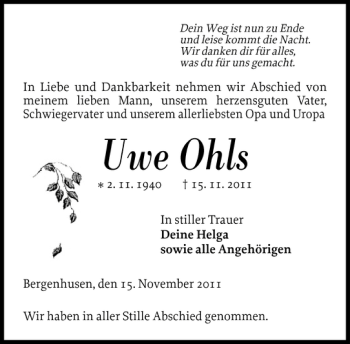 Traueranzeige von Uwe Ohls von Landeszeitung