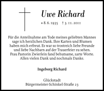 Traueranzeige von Uwe Richard von Norddeutsche Rundschau
