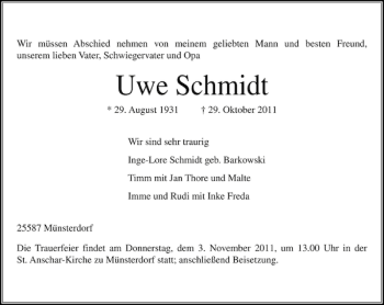 Traueranzeige von Uwe Schmidt von Norddeutsche Rundschau