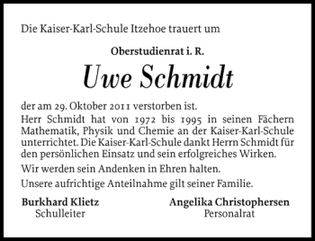 Traueranzeige von Uwe Schmidt von Norddeutsche Rundschau