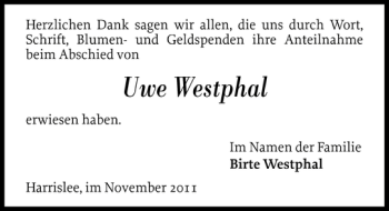 Traueranzeige von Uwe Westphal von Flensburger Tageblatt