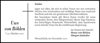 Traueranzeige von Uwe von Böhlen von Norddeutsche Rundschau
