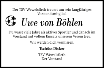 Traueranzeige von Uwe von Böhlen von Norddeutsche Rundschau