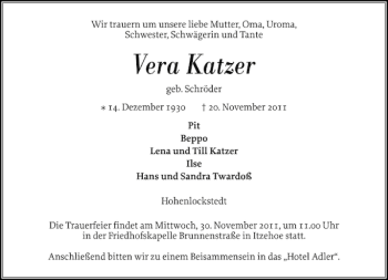Traueranzeige von Vera Katzer von Norddeutsche Rundschau