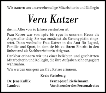 Traueranzeige von Vera Katzer von Norddeutsche Rundschau