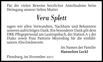 Traueranzeige von Vera Splett von Flensburger Tageblatt