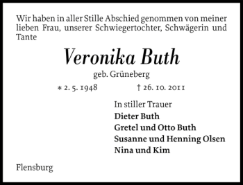 Traueranzeige von Veronika Buth von Flensburger Tageblatt